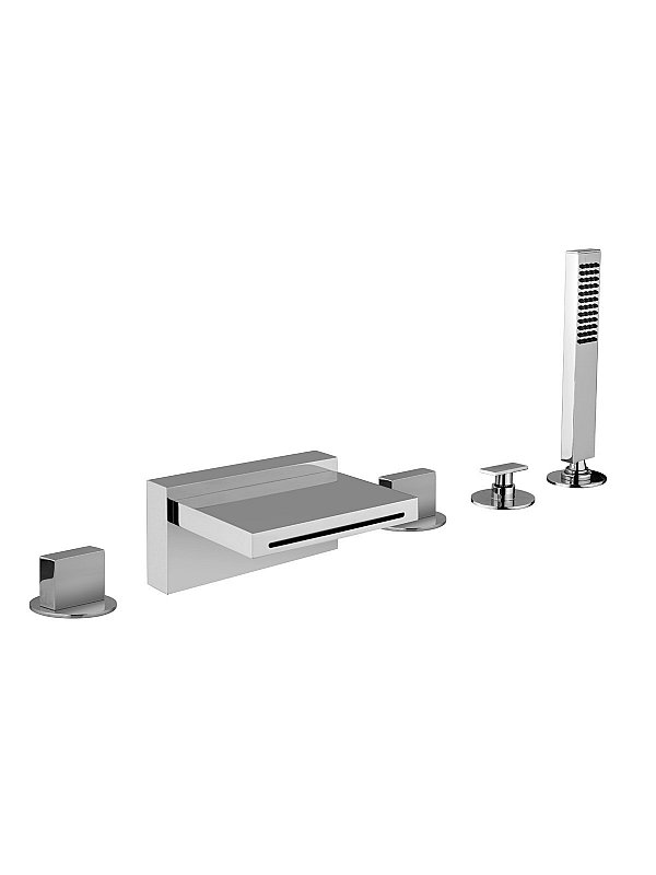 Deck mounted bath mixer with diverter, pull-out shower and spout