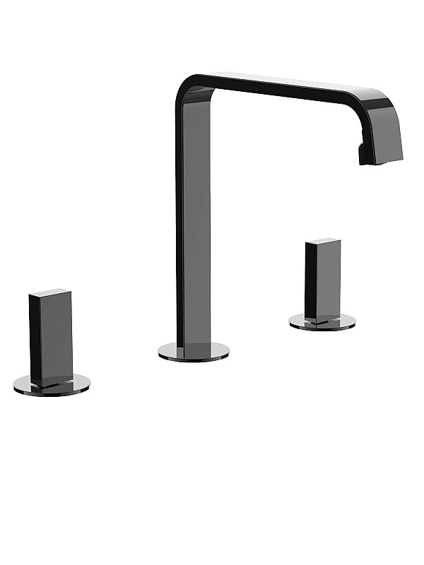 Three hole washbasin mixer with fixed spout without pop-up waste