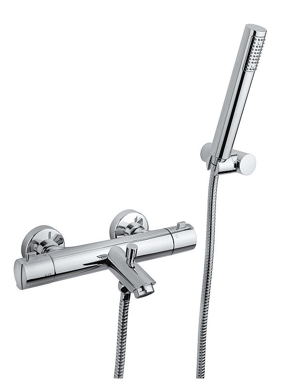 External thermostatic bath mixer with cold body, duplex shower