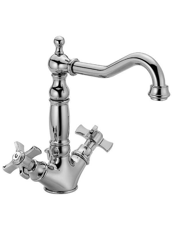 Single-hole washbasin mixer with old-style spout and waste
