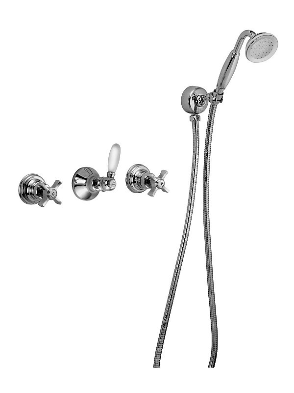 Built-in bath mixer, with central diverter and duplex shower