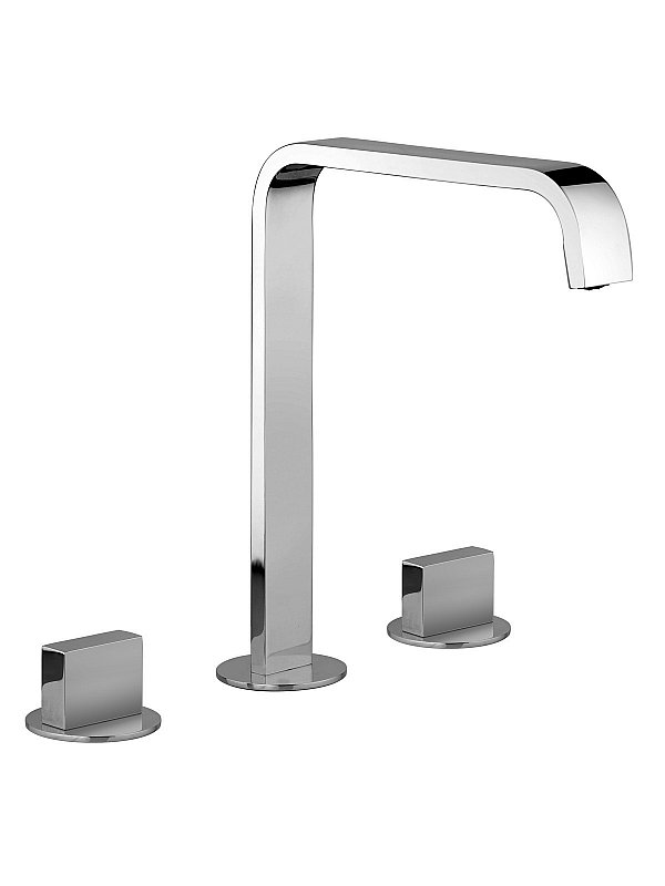 Three hole washbasin mixer with fixed spout without pop-up waste