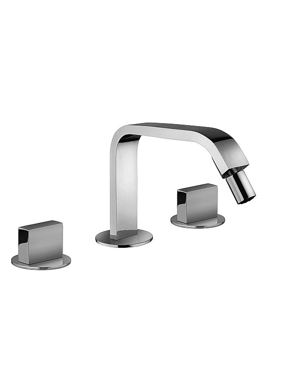 Three hole bidet mixer with fixed spout without pop-up waste